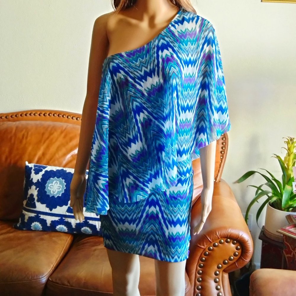 BEBE One Shoulder Blue Geo Mesh Ruffled Mini Dress Size M